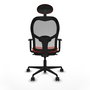 Silla de oficina Jorquera con mecanismo Sincro tapizada con Tela color Naranja oscuro y malla color Gris. Equipada con lumbar 1D, Brazos 1D, Cabecero Fijo y Ruedas 65mm nailon