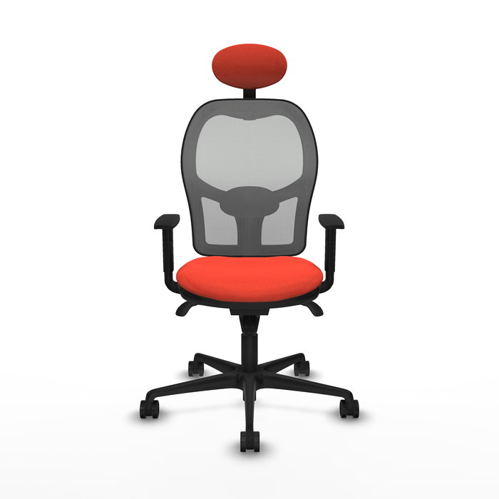 Silla de oficina Jorquera con mecanismo Sincro tapizada con Tela color Naranja oscuro y malla color Gris. Equipada con lumbar 1D, Brazos 1D, Cabecero Fijo y Ruedas 65mm nailon