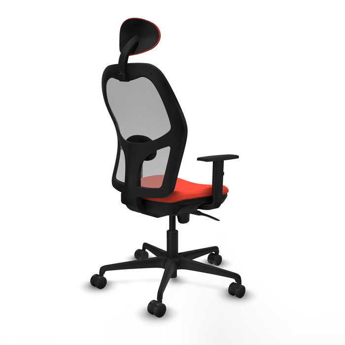 Silla de oficina Jorquera con mecanismo Sincro tapizada con Tela color Naranja oscuro y malla color Gris. Equipada con lumbar 1D, Brazos 1D, Cabecero Fijo y Ruedas 65mm nailon