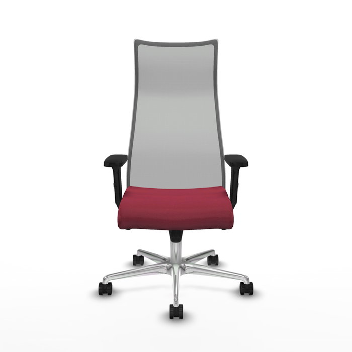 Sillón Albacete con mecanismo Sincro tapizada con Tela color Granate y malla color Gris. Equipado con Base aluminio, Brazos 2D y Ruedas 65mm nailon