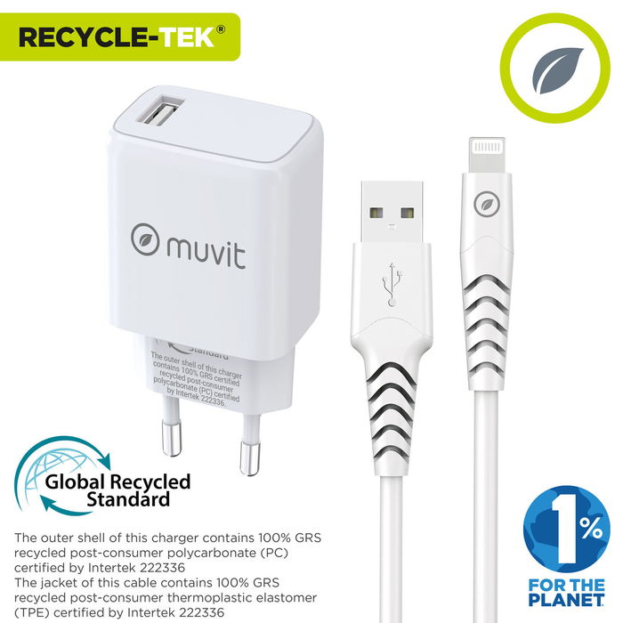 Cargador de Pared + Cable USB A a USB-C Muvit for Change SN-TC170DS1E150A + DC-006 Blanco 12 W Cargador de Pared + Cable USB A a USB-C Muvit for Change SN-TC170DS1E150A + DC-006 Blanco 12 W