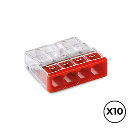 WAGO Conector Rápido 4 Vías para 0.5-2.5 mm² 450V 24A, Policarbonato Transparente/Tapa Roja, 10 Unidades