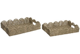 DKD Home Decor Set de 2 Bandejas de Decoración de Seagrass y Metal, Natural, 48x33x10 cm