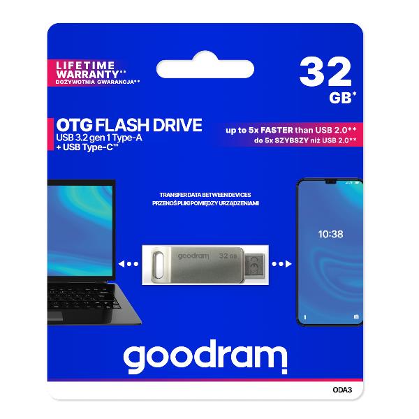 Goodram ODA3 Silver - Memoria USB 32GB USB 3.2 Pendrive Dual USB-A y USB-C, Plata