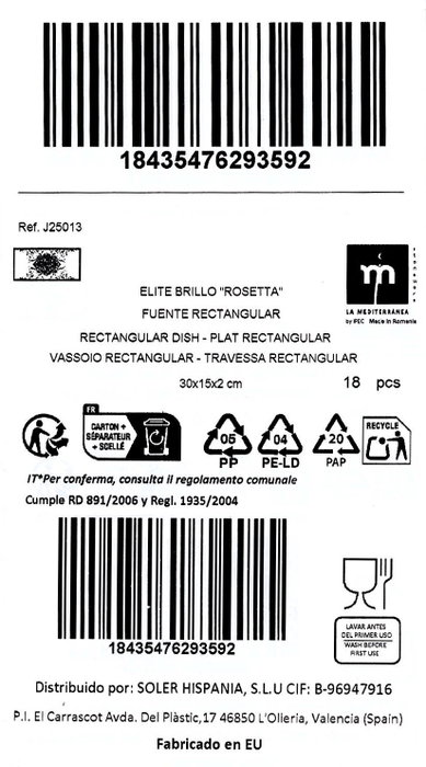 La Mediterranea Fuente Rectangular Rosetta Elite 30x15 cm