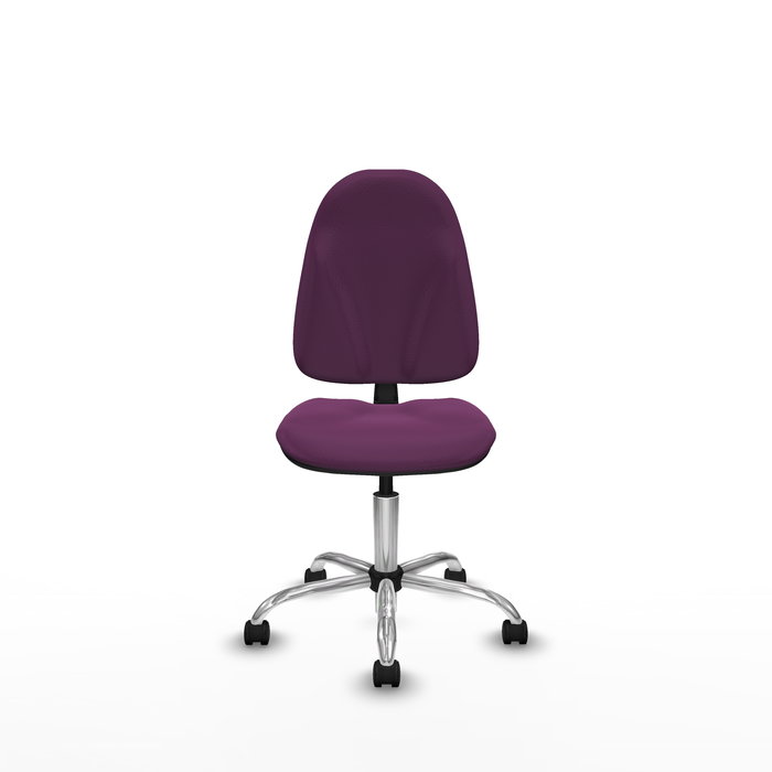 Silla de oficina Algarra con mecanismo Contacto permanente básico tapizada con Similpiel color Morado. Equipada con Base cromada, Sin brazos y Ruedas de nailon 50 mm