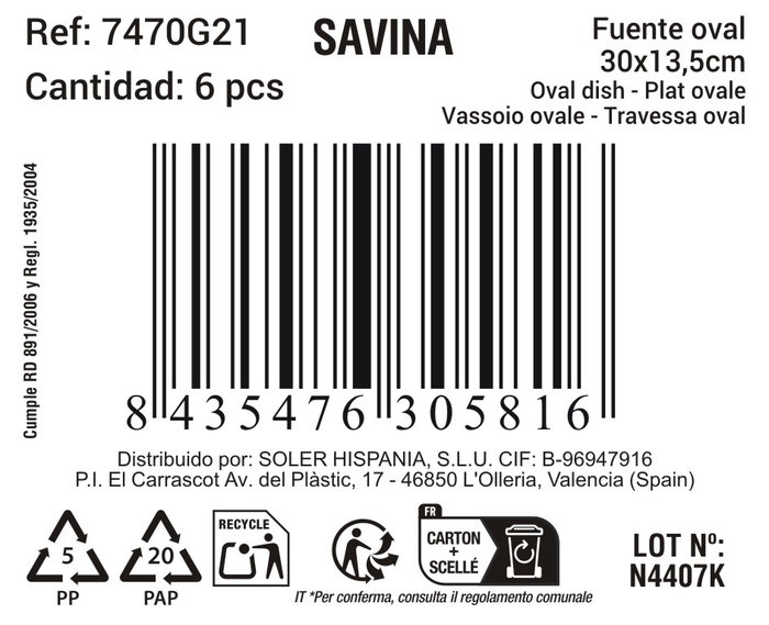 La Mediterranea Fuente Oval Savina Blanca (12 Unidades) de Cerámica