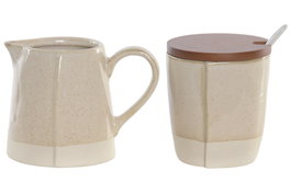 DKD Home Decor Set de Azucarero y Lechera Beige en Gres y Acacia