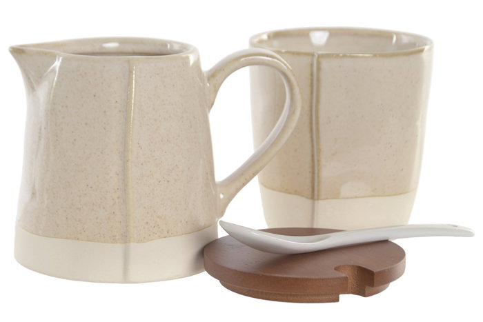 DKD Home Decor Set de Azucarero y Lechera Beige en Gres y Acacia