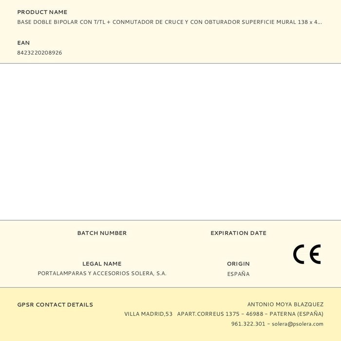 Solera MUR96U Base Doble Bipolar con Conmutador de Cruce y Obturador Superficie Mural 138x42x72mm 16A 250V Blanco Polipropileno