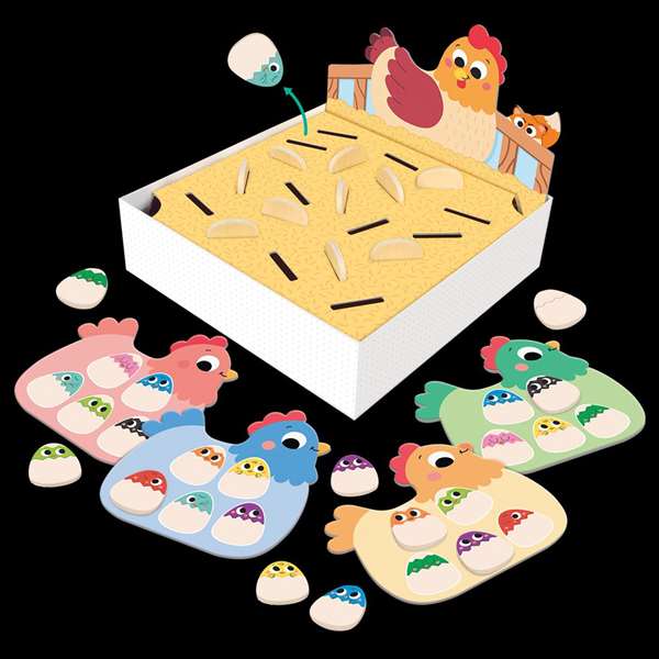 Goula Hidden Chicks - Juego de encontrar pollitos, 2 modos de juego, tableros con forma de gallina, a partir de 3 años (alemán, inglés, español, francés, italiano, portugués)