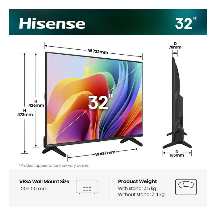 Hisense 32A49S Smart TV HD DLED 80 cm (32") 1366x768 60Hz HDMI USB LAN HDR VESA WiFi Negro
