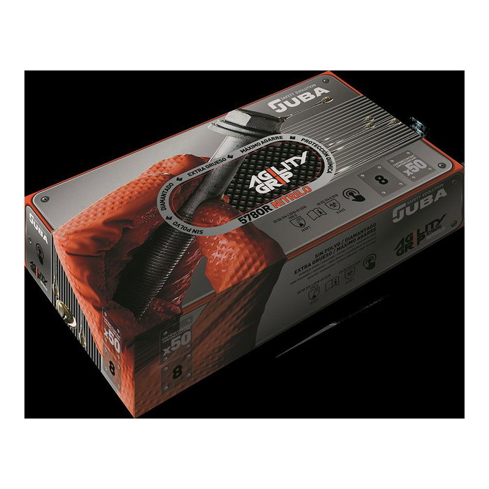Juba T-09 - Guantes de nitrilo sin polvo Agility Grip, desechables, diamantados, extra gruesos, máximo agarre, táctiles, color naranja, caja de 50 unidades