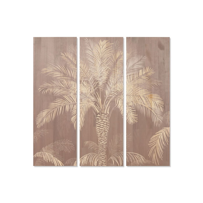 DKD Home Decor Set de 3 Cuadros de Pino Grabado Palmera 40x120 cm