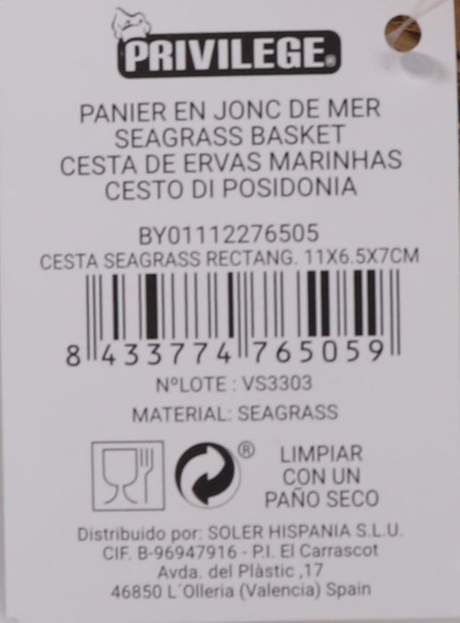 Privilege Cesta Seagrass Rectangular 11 cm x 6.5 cm x 7 cm (24 Unidades)