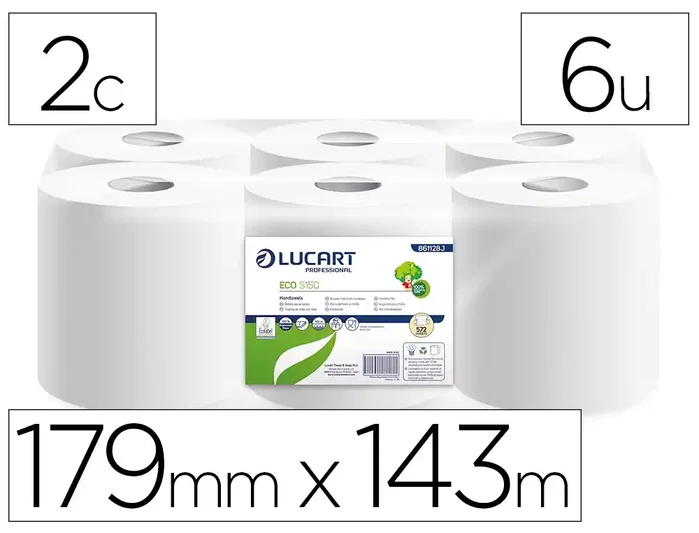 Lucart Papel secamanos ECO S150 reciclado 2 capas, 179 mm x 143 m, paquete de 6 rollos Lucart Papel secamanos ECO S150 reciclado 2 capas, 179 mm x 143 m, paquete de 6 rollos