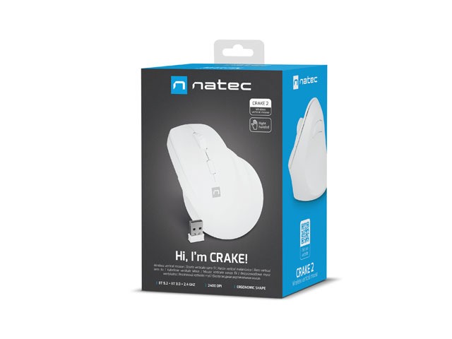 Natec Crake 2 Ratón Inalámbrico Vertical Óptico 2400 DPI 6 Botones Bluetooth 5.2 2.4 GHz Blanco