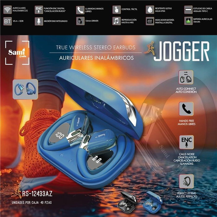SAMI Auriculares Inalámbricos Deportivos Jogger Bluetooth TWS Con Aro, Silicone Azul y Pantalla LCD para Uso Diario