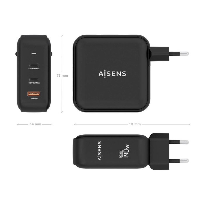 Aisens Cargador GaN 140W 2xUSB-C PD3.1 y 1xUSB-A Negro