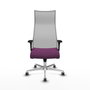 Sillón Albacete con mecanismo Sincro tapizada con Similpiel color Morado y malla color Gris. Equipado con Base aluminio, Brazos 1D y Ruedas 65 mm parqué