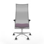Sillón Albacete con mecanismo Sincro tapizada con Similpiel color Morado y malla color Gris. Equipado con Base aluminio, Brazos 1D y Ruedas 65 mm parqué