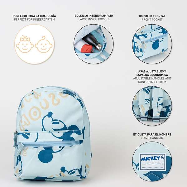 Cerdá Mochila Infantil de Guardería Estampado Mickey Mouse Disney, ideal para niños y niñas de 1 a 4 años, Color Azul, 22 x 27 x 9 cm