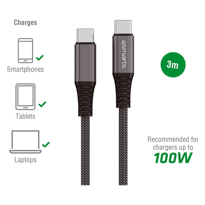 4smarts PremiumCord Cable USB-C a USB-C 100W 3m Negro 4smarts PremiumCord Cable USB-C a USB-C 100W 3m Negro