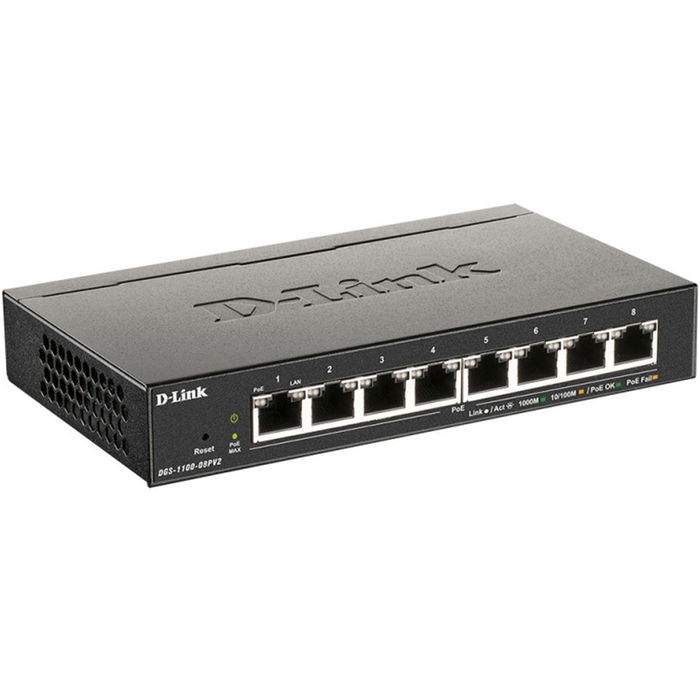 D-Link Switch Easysmart 8 Puertos Gigabit Gestionable, PoE+ 30W por Puerto, VLAN, QoS, Montaje Rack, Negro