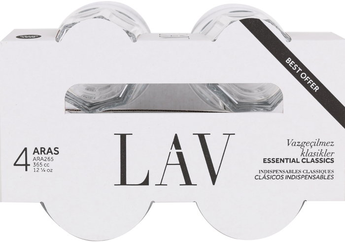 LAV Set de 4 Vasos de 365 cc, Colección Best Offer, Cristalería - Dimensiones 8.3 x 8.3 x 12 cm (12 Cajas)