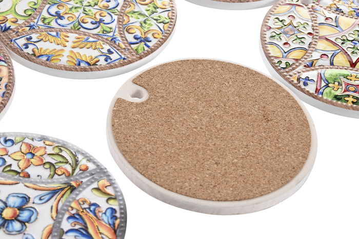 DKD Home Decor Posavasos Mediterraneo Amarillo Blanco Dolomite Corcho 72 Unidades 11 x 11 cm