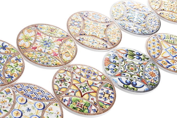 DKD Home Decor Posavasos Mediterraneo Amarillo Blanco Dolomite Corcho 72 Unidades 11 x 11 cm