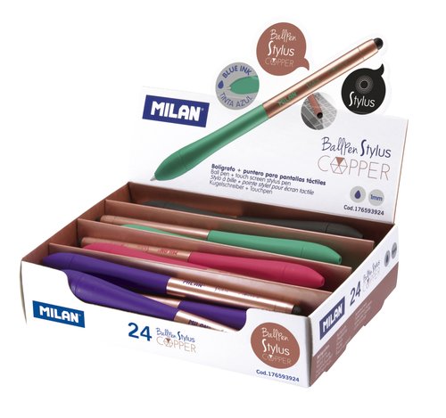 Milan Bolígrafo Stylus Copper con Puntero para Pantallas Táctiles, Surtido de 4 Colores (Expositor de 24 unidades)