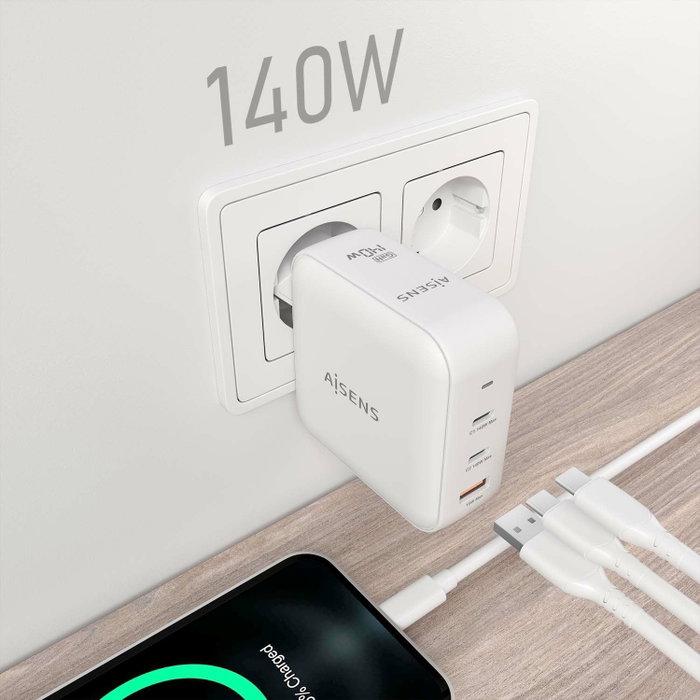 Aisens Cargador de Pared GaN 140W con 2xUSB-C y 1xUSB-A Blanco