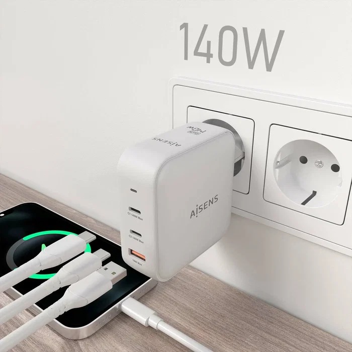 Aisens Cargador de Pared GaN 140W con 2xUSB-C y 1xUSB-A Blanco
