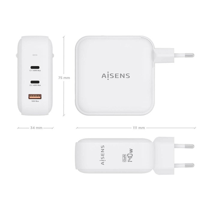 Aisens Cargador de Pared GaN 140W con 2xUSB-C y 1xUSB-A Blanco
