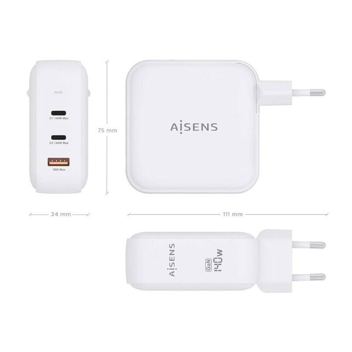 Aisens Cargador de Pared GaN 140W 2xUSB-C PD3.1 + 1xUSB-A QC3.0 Blanco Aisens Cargador de Pared GaN 140W 2xUSB-C PD3.1 + 1xUSB-A QC3.0 Blanco