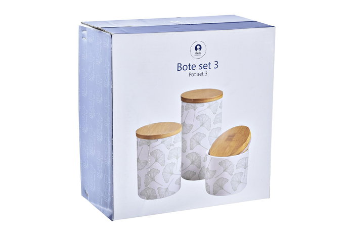 DKD Home Decor Set de 3 Botes de Gres y Bambú con Diseño de Hojas