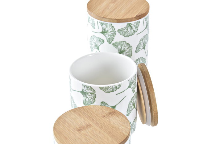 DKD Home Decor Set de 3 Botes de Gres y Bambú con Diseño de Hojas