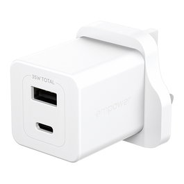 PanzerGlass empower™ Turbo 35W Cargador Rápido con USB-C y USB-A, Enchufe UK, Blanco Plata