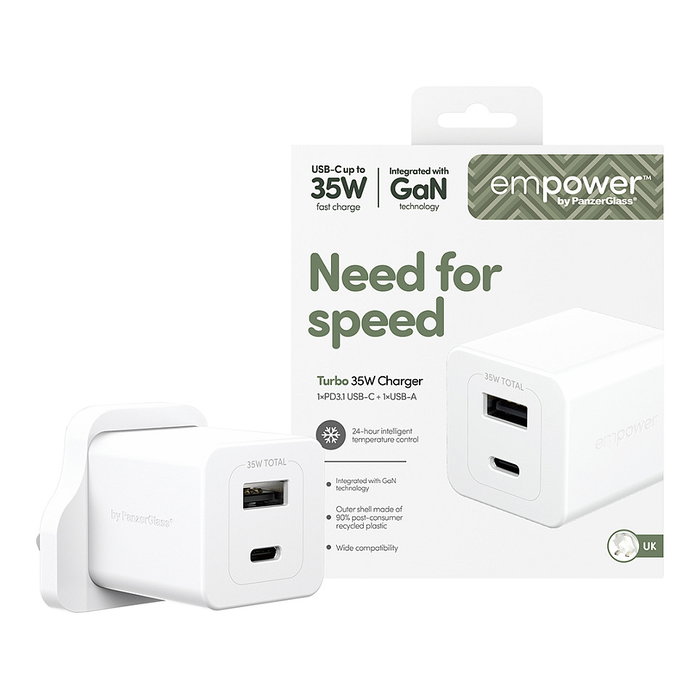 PanzerGlass empower™ Turbo 35W Cargador Rápido con USB-C y USB-A, Enchufe UK, Blanco Plata