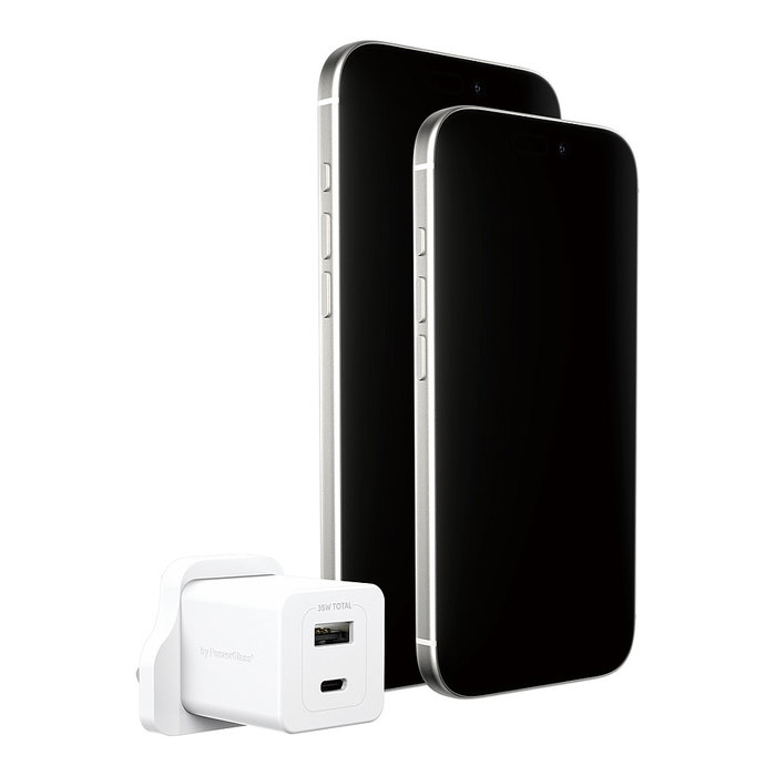 PanzerGlass empower™ Turbo 35W Cargador Rápido con USB-C y USB-A, Enchufe UK, Blanco Plata