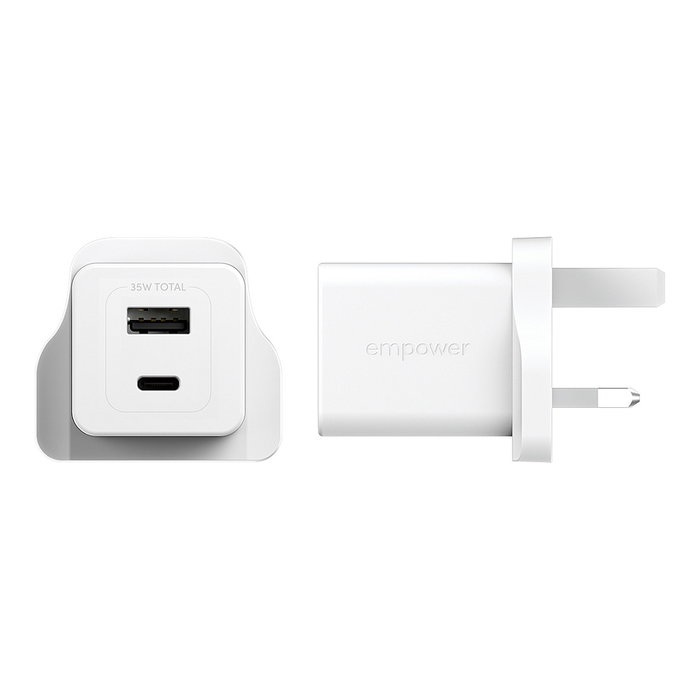 PanzerGlass empower™ Turbo 35W Cargador Rápido con USB-C y USB-A, Enchufe UK, Blanco Plata