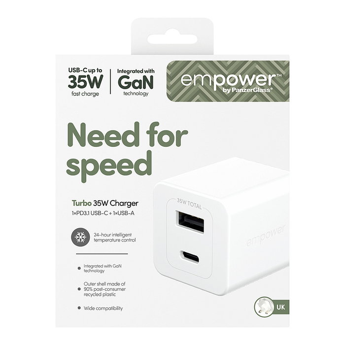 PanzerGlass empower™ Turbo 35W Cargador Rápido con USB-C y USB-A, Enchufe UK, Blanco Plata
