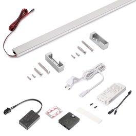 Emuca Kit de barra para armario Luxe, tira LED 4,5x8 Neonlynx V, sensor de movimiento RF Smart y convertidor Smart (24V DC), longitud 900mm, Luz blanca cálida 2.700K, Plástico y Aluminio, Anodizado mate