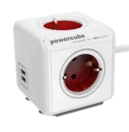 Allocacoc Powercube extendido con 4 salidas AC y 2 USB, 1,5 m, Rojo/Blanco