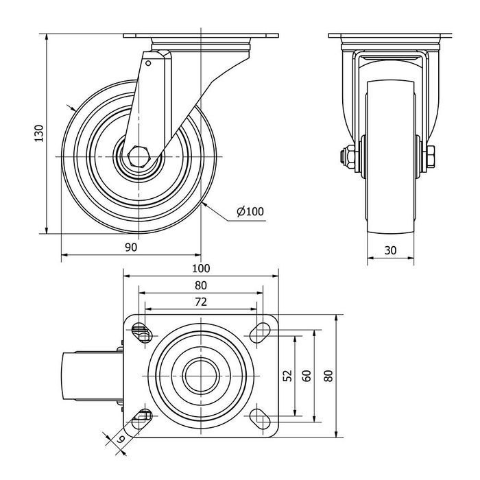 Ruedas Alex Rueda giratoria de goma azul con placa y eje de rodillos, ø 10 cm, carga máx. 100 kg