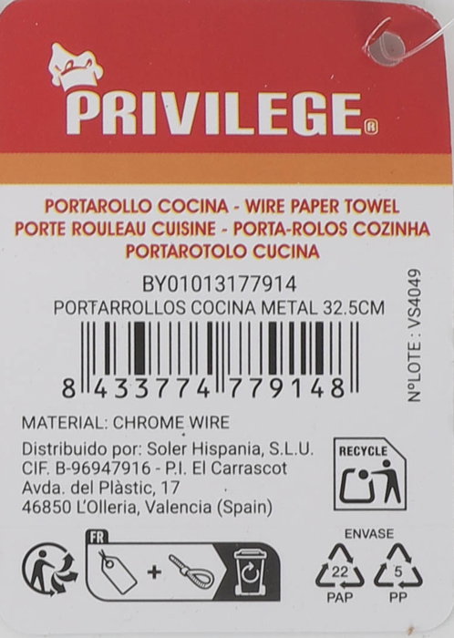Privilege Portarrollos Cocina Metal 32.5 cm, 12.4x31.6x11.9 cm, 5.54 kg (36 Unidades)