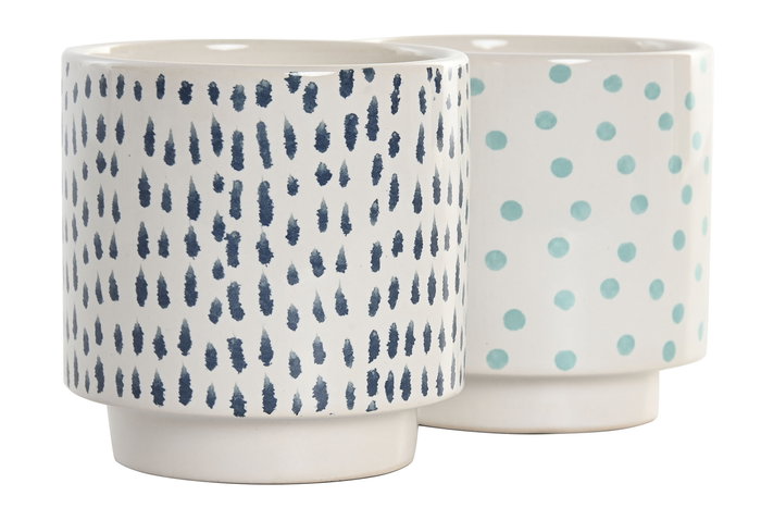 DKD Home Decor Set de 3 (8 Unidades) Macetero Blanco Azul Marino Cerámica con Pinceladas 14 x 14 x 14 cm