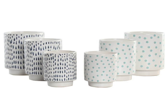 DKD Home Decor Set de 3 (8 Unidades) Macetero Blanco Azul Marino Cerámica con Pinceladas 14 x 14 x 14 cm