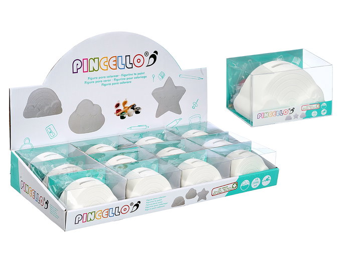 Pincello Hucha para Pintar Arcoiris con 6 Colores y Pincel, Cerámica Blanca 13x8x8 cm (Set de 24)